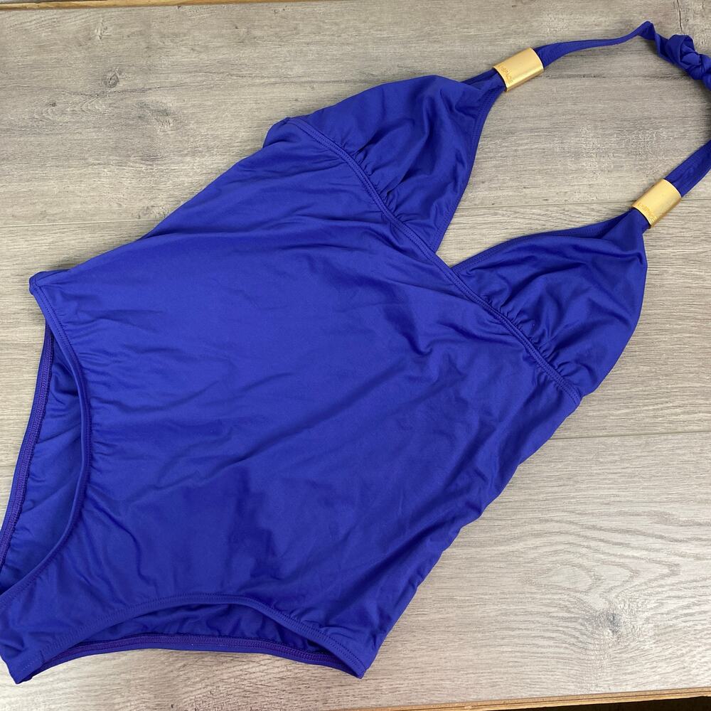 L*Space Blue Purple Halter Neck Tie Scoop Back One Piece Swimsuit Sz.L